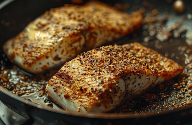 Two pieces of salmon fillets in frying pan