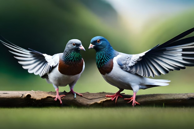 Two pigeons on a branch with their wings spread out.