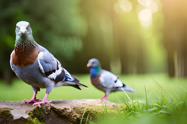 Two pigeons stand on a rock in the grass.