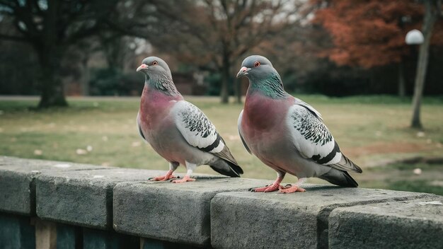 Photo two piggeons sitting on stone fence in park