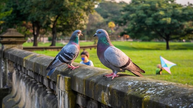 Photo two piggeons sitting on stone fence in park