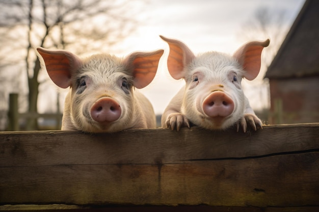 Photo two pigs are looking over a fence