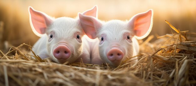 Photo two pigs in the hay