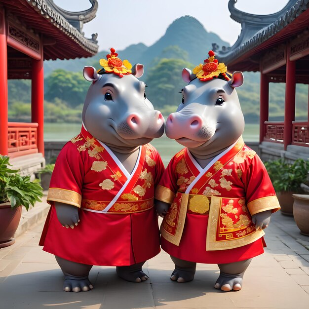 Photo two pigs wearing chinese outfits with the words pig and chinese on them