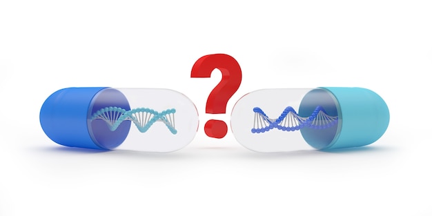 Due pillole con dna e un punto interrogativo