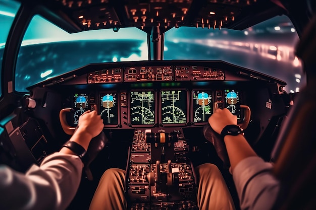 Two pilots are gripping the control yoke of an airplane with their hands in a firstperson POV working together to navigate the aircraft safely through the sky Generative AI