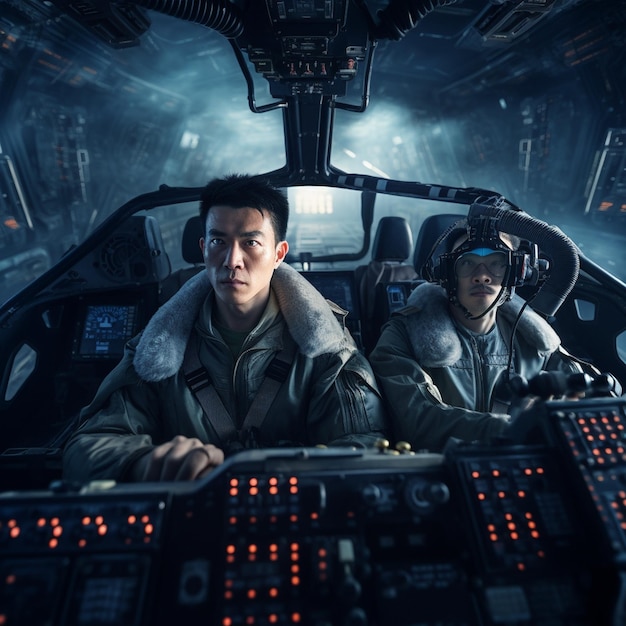 two pilots in a cockpit of a space ship with the words air force on the back.