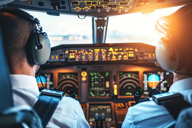 Photo two pilots flying cockpit aircraft controls travel airlines plane airplane transportation flight