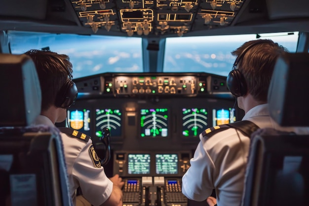 Два пилота, управляющие кабиной пилота самолета, контролируют авиаперевозки, авиаперевозы, самолеты, транспортные рейсы.