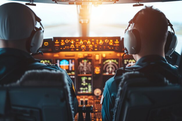 Foto due piloti che pilotano la cabina di pilotaggio dell'aereo controlla le compagnie aeree di viaggio aereo aereo trasporto di volo