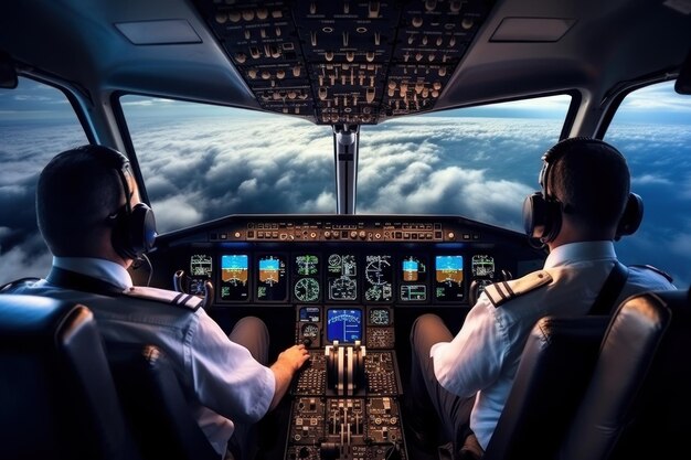 Two pilots on a plane View from the cockpit of a passenger plane