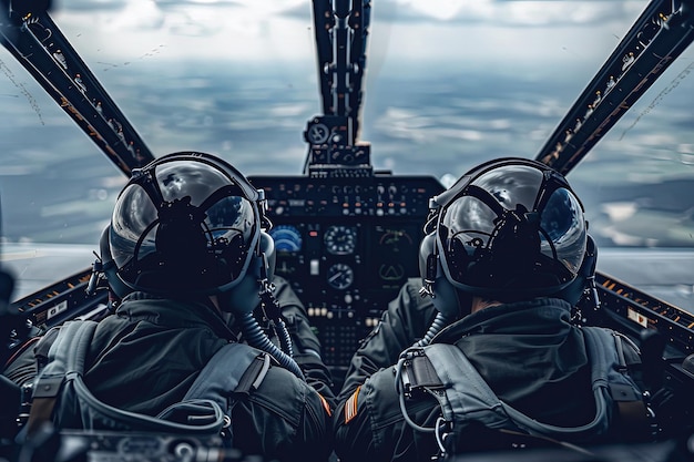 Photo two pilots sitting in the cockpit of a plane