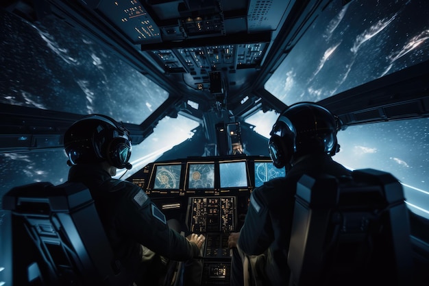 Photo two pilots in a spaceship cockpit