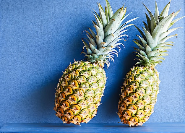 Two pineapples on a blue table