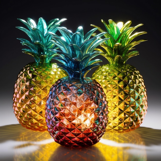 two pineapples with a green and blue star shaped top.