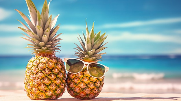 Two pineapples with sunglasses on a beach