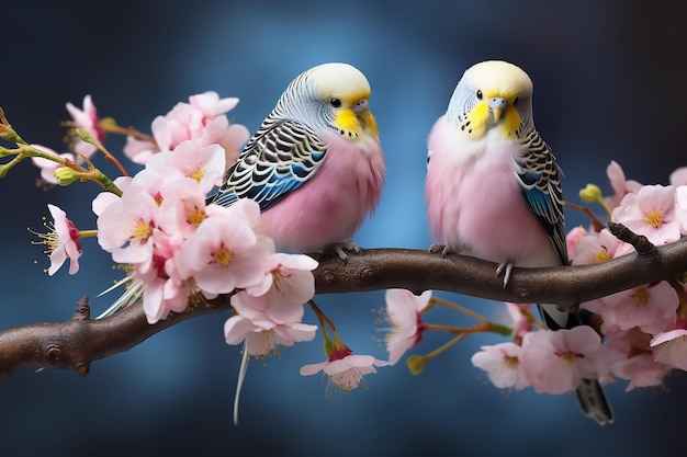 핑크색 사랑앵무 두 마리가 사쿠라 꽃 가지에 앉아 텍스트 생성 AI를 위한 공간을 복사합니다