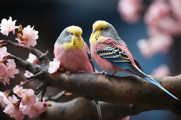 Two pink budgerigars sit on a branch of sakura blossoms copy space for text Generative AI