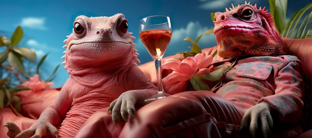 Two pink chameleons drinking wine on the beach Vacation party or holiday concept Generative AI