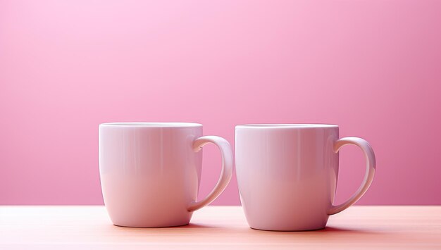 写真 2つのピンクのコーヒーカップとピンク色の表面