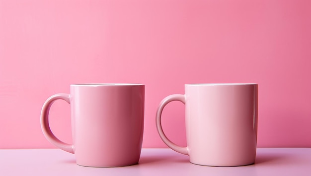 Photo two pink coffee mugs and a pink surface