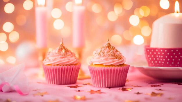 Two pink cupcakes with a candle and decorations on the table