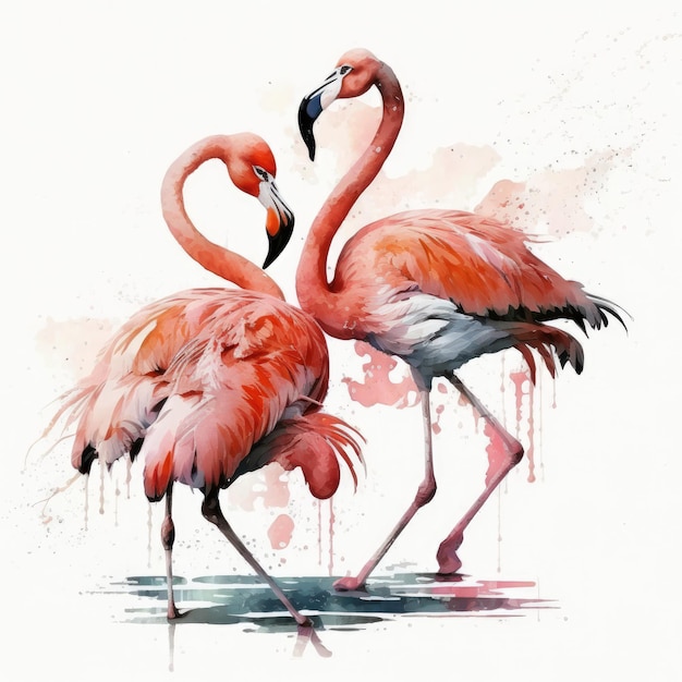 Two Pink Dancing Flamingo Illustration AI Generative