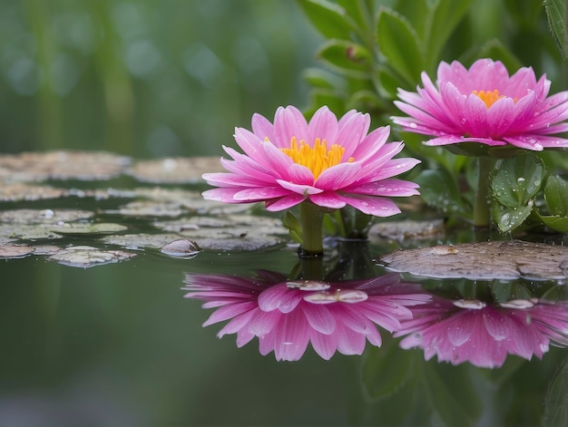 two pink flowers are reflected in a pond of water with green leaves