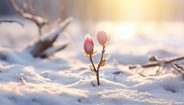 雪に覆われた風景にく2つのピンクの花