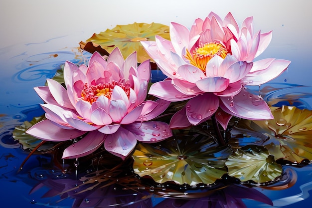 Two pink flowers floating on top of body of water Generative AI