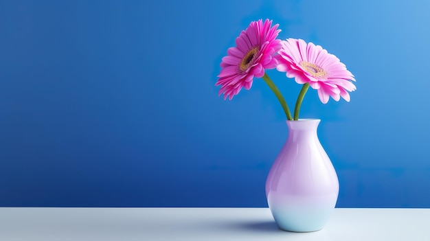 Two pink flowers in a white vase on a table Generative AI image