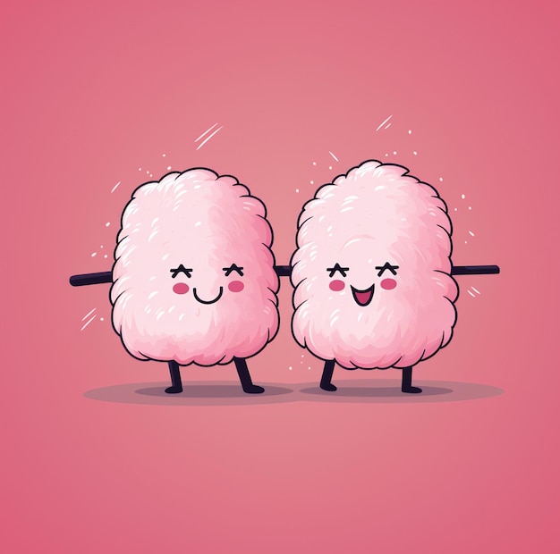 Two pink fluffy sheep with black eyes and one has a black nose and the other has a black nose