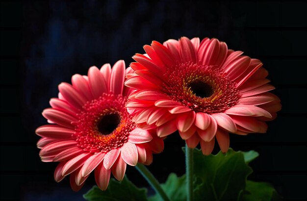 Foto due gerbere rosa sedute su uno sfondo nero