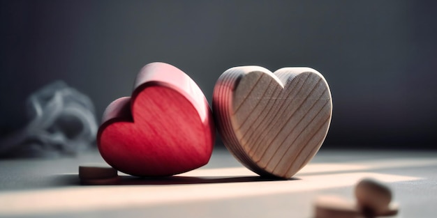 Two pink heart shaped wooden toys on white background