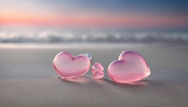 two pink hearts are on the beach and one is pink and the other is pink