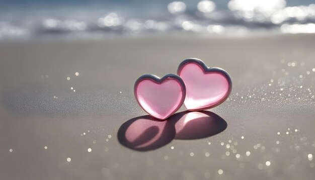 Photo two pink hearts are placed on the beach