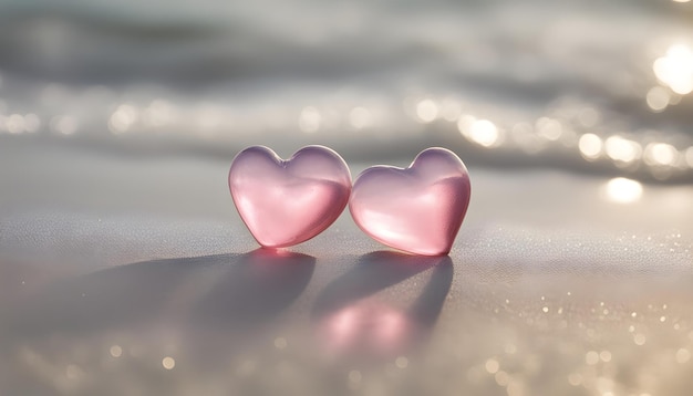 배경에 물이 있는 해변에 두 개의 분홍색 심장이 있습니다.