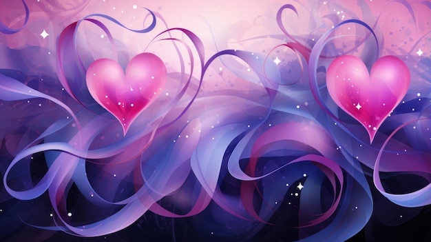 Фото Два розовых сердца на фиолетовом фоне с вихрями