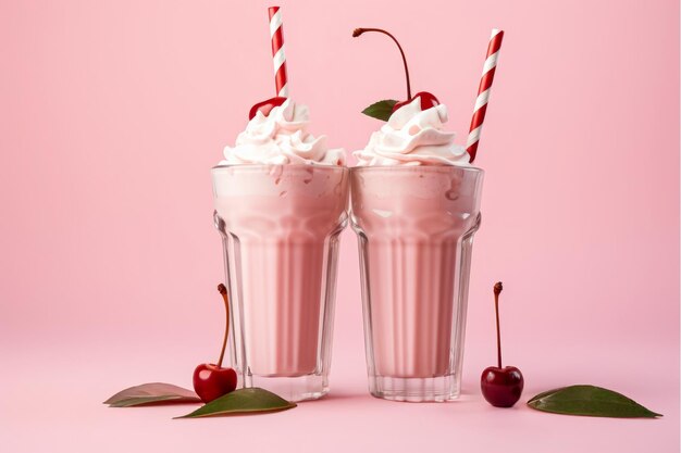 Two pink milkshake with cream and cherry on the top on the pink background