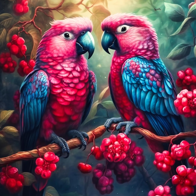 Two pink parrots sitting on a branch with berries