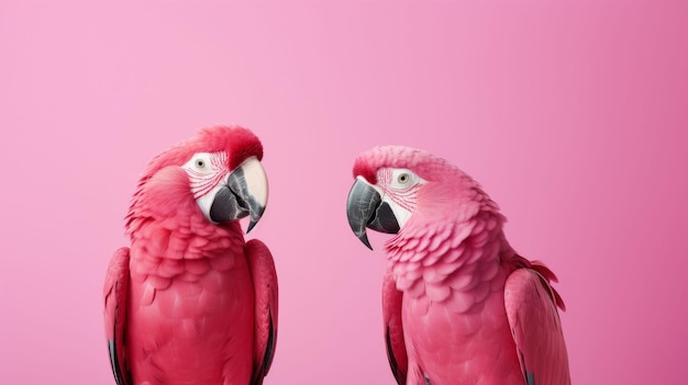 Foto due pappagalli rosa in piedi su uno sfondo rosa