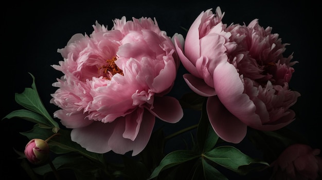 Two pink peonies are on a black background.