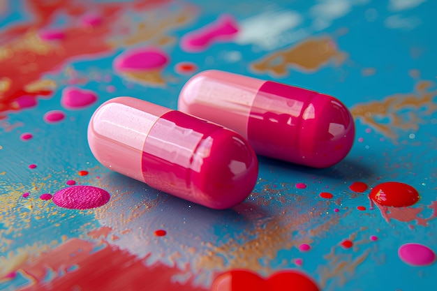 Две розовые таблетки на синей поверхности.