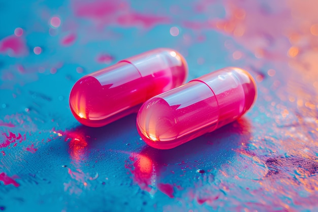 Two pink pills on a blue surface