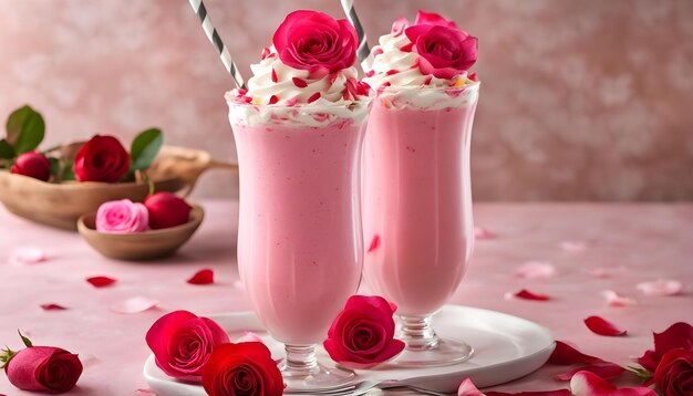 two pink roses in a glass with a strawberries in the middle