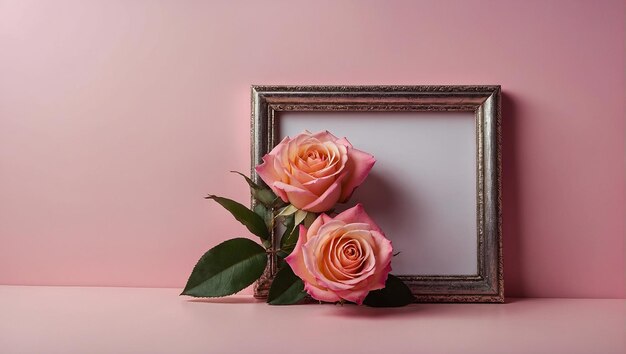 Две розовые розы и серебряная рамка на розовом фоне
