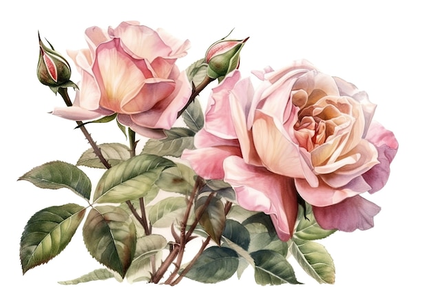 Two pink roses with green leaves on a white background Generative AI