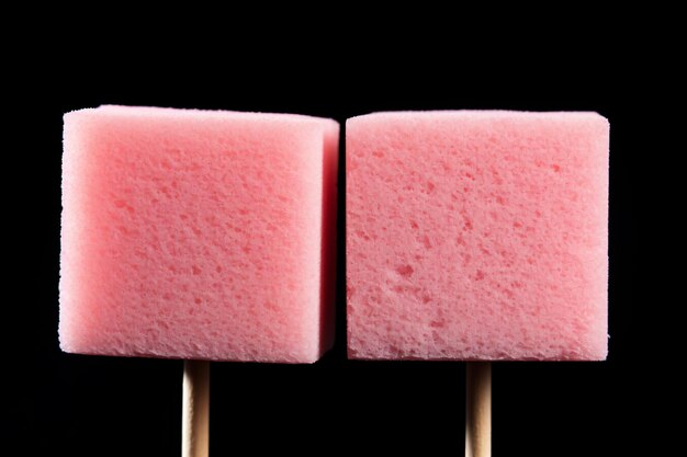 Photo two pink sponges on a stick on a black background