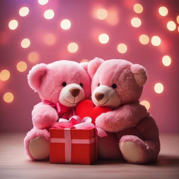 Two pink teddy bears with a red heart in the middle