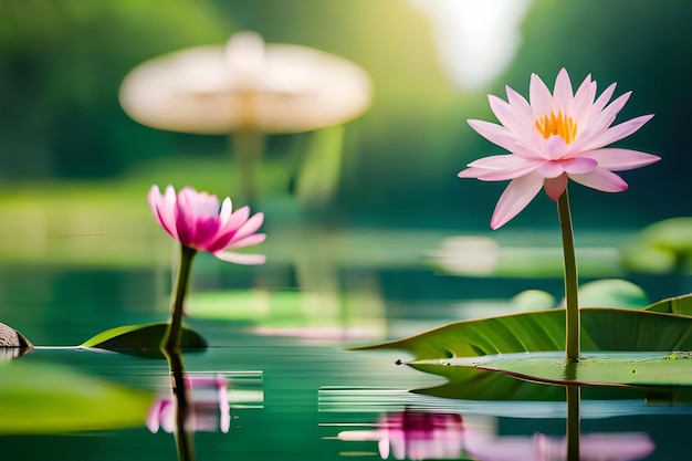 two pink water lilies are floating in a pond